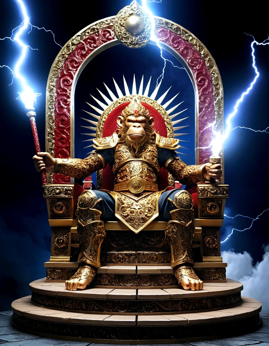 Sun GO Kong the monkey King sitting on throne of power, pointing his golden-club ahead, angry expression, uhd, extremely detailed, fantasy art, digital manipulated portrait, red smoke surround, massive lightning, heavenly light, intricate