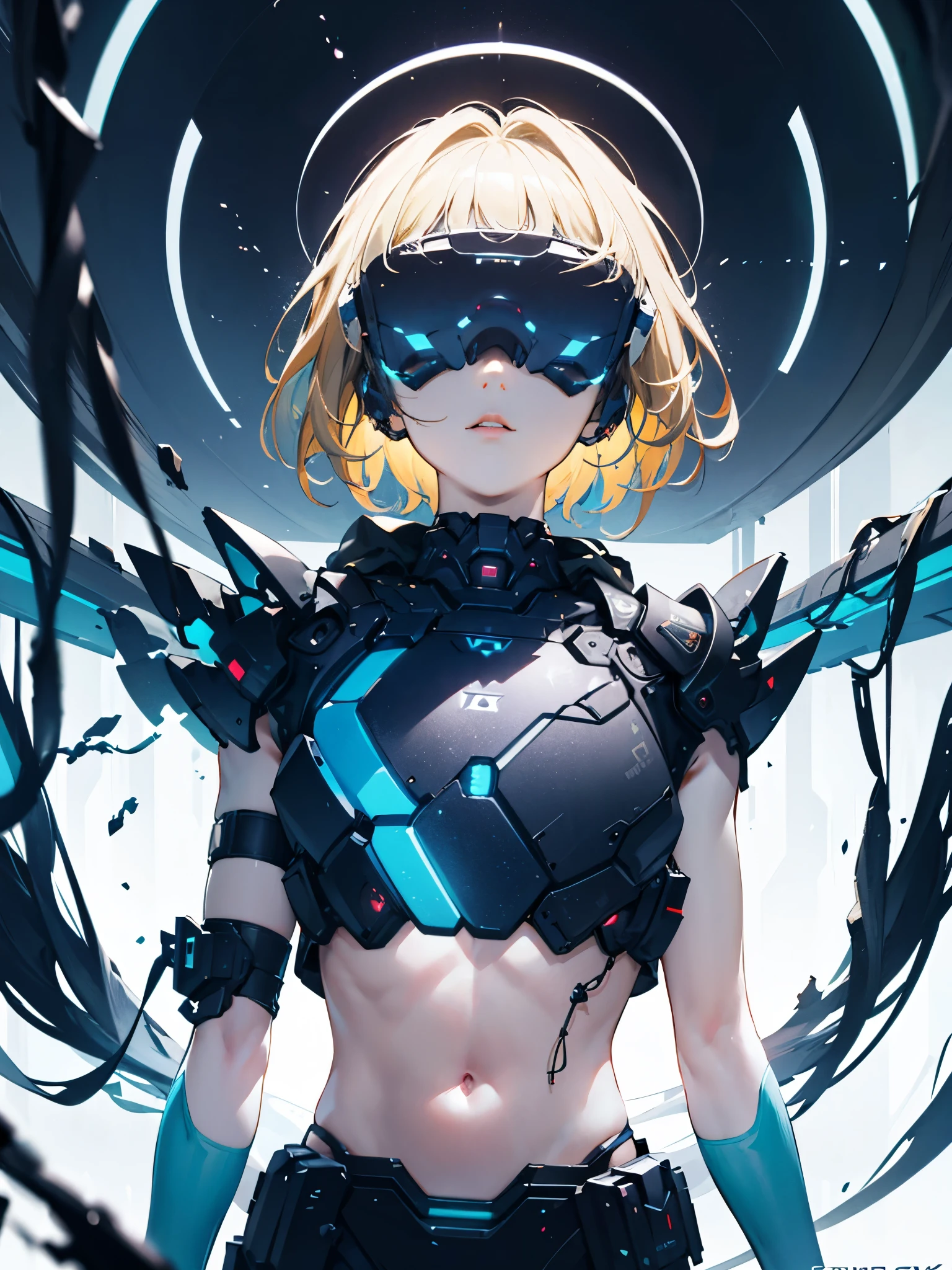 Create a highly detailed full-body portrait of a boy with short blonde hair styled in a messy manner. His eyes and lips are rendered in strikingly realistic detail, capturing a blank and emotionless expression as he gazes directly at the viewer. The boy is depicted as a cyborg, clad in futuristic armor including a crop top design. A mind control device with a blue glass-like visor is visibly integrated into his head. The scene unfolds in an advanced futuristic laboratory filled with intricate technological elements. The boy lies on a sleek, futuristic table, connected to the mind control device. The artwork is crafted for top-tier quality (4k or 8k resolution), highlighting ultra-realistic details, HDR, UHD resolution, and studio lighting techniques. The artistic style features physically-based rendering, vivid colors, and a compelling sci-fi concept art aesthetic.