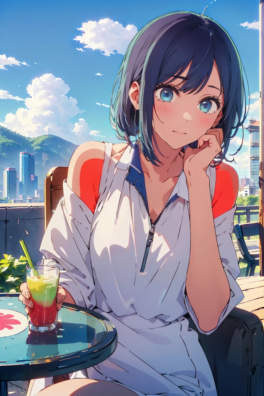 (Highest quality:1.4、8K:1.4、detailed)、F cup bust、Big Breasts、Slim body、Very white beautiful skin、((((1 person、Surprised expression、sit、Chair、In the background are the urban buildings of Tokyo、looking at the camera、Outdoor café terrace、Navy hair color、juice、table、Very cute face))))、((((nude、Areola))))、(Pose with hair tucked behind ear with one hand:1.4、Cheek resting on hand:1.4)、Nipples、(Off-the-shoulder black blouson with zipper)、Very blue sky、A completely cloudless sky
