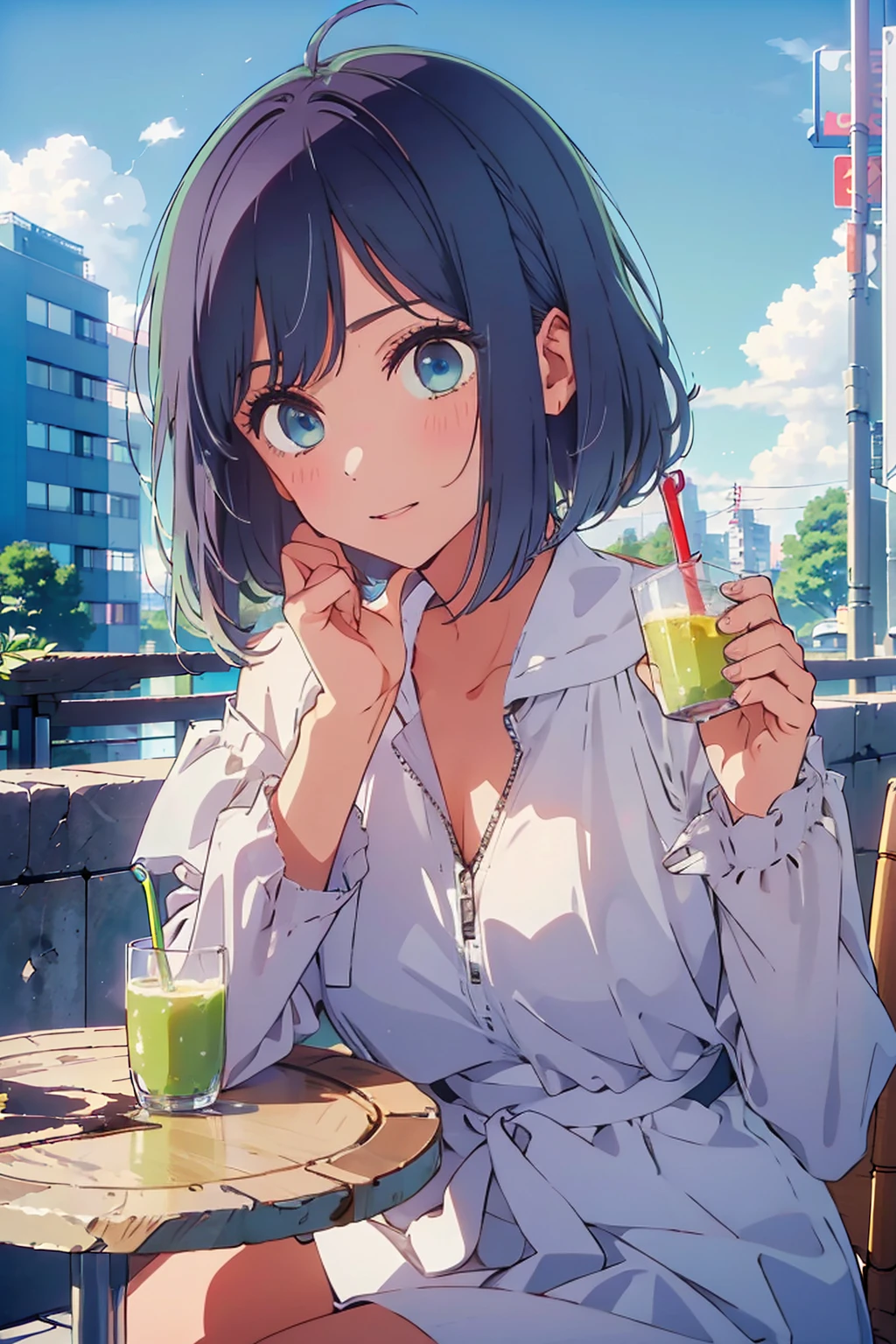 (Highest quality:1.4、8K:1.4、detailed)、F cup bust、Big Breasts、Slim body、Very white beautiful skin、((((1 person、Surprised expression、sit、Chair、In the background are the urban buildings of Tokyo、looking at the camera、Outdoor café terrace、Navy hair color、juice、table、Very cute face))))、((((nude、Areola))))、(Pose with hair tucked behind ear with one hand:1.4、Cheek resting on hand:1.4)、Nipples、(Off-the-shoulder black blouson with zipper)、Very blue sky、A completely cloudless sky