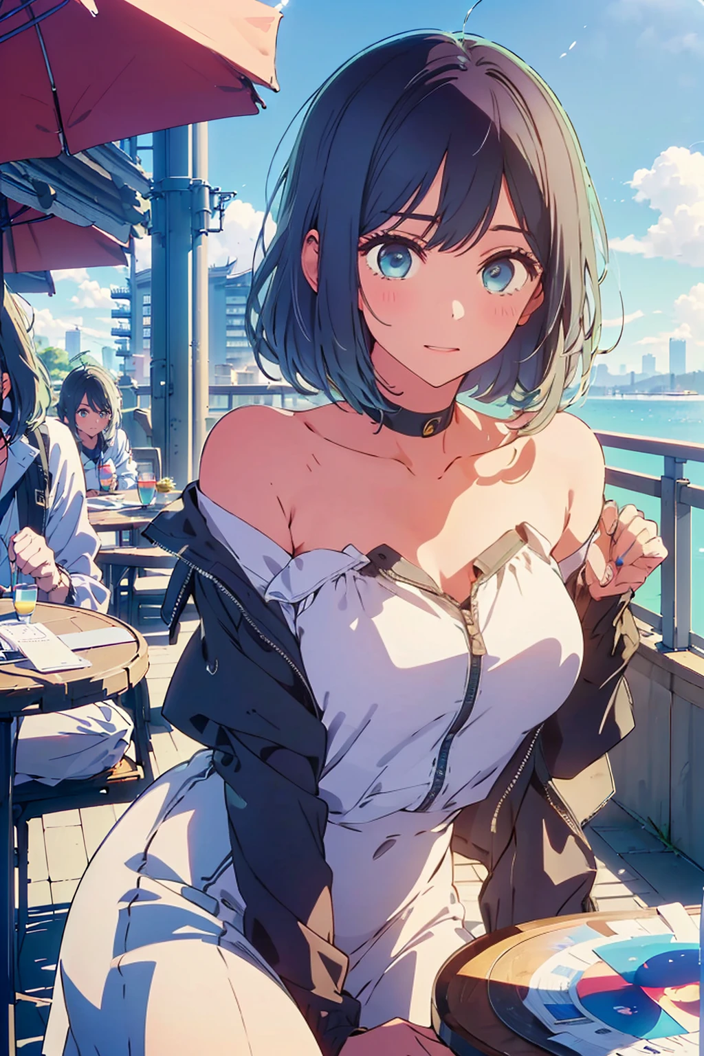(Highest quality:1.4、8K:1.4、detailed)、F cup bust、Big Breasts、Slim body、Very white beautiful skin、((((1 person、Surprised expression、sit、Chair、In the background are the urban buildings of Tokyo、looking at the camera、Outdoor café terrace、Navy hair color、juice、table、Very cute face))))、((((nude、Areola))))、(Pose with hair tucked behind ear with one hand:1.4、Cheek resting on hand:1.4)、Nipples、(Off-the-shoulder black blouson with zipper)、Very blue sky、A completely cloudless sky