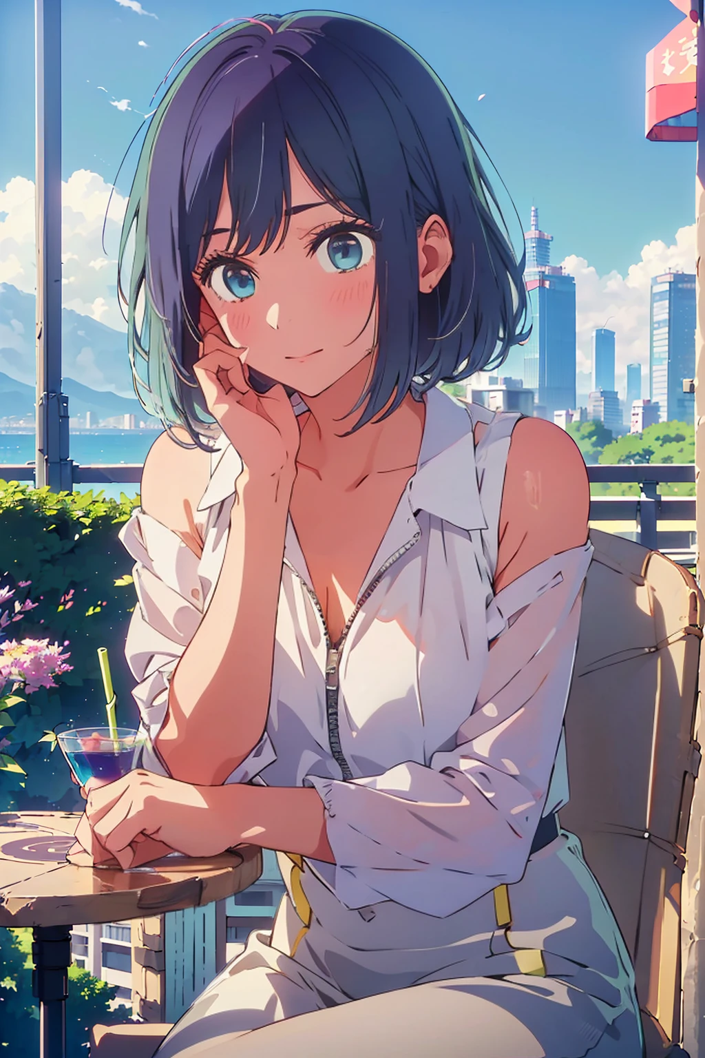 (Highest quality:1.4、8K:1.4、detailed)、F cup bust、Big Breasts、Slim body、Very white beautiful skin、((((1 person、Surprised expression、sit、Chair、In the background are the urban buildings of Tokyo、looking at the camera、Outdoor café terrace、Navy hair color、juice、table、Very cute face))))、((((nude、Areola))))、(Pose with hair tucked behind ear with one hand:1.4、Cheek resting on hand:1.4)、Nipples、(Off-the-shoulder black blouson with zipper)、Very blue sky、A completely cloudless sky
