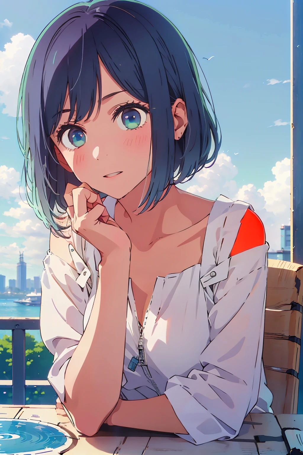 (Highest quality:1.4、8K:1.4、detailed)、F cup bust、Big Breasts、Slim body、Very white beautiful skin、((((1 person、Surprised expression、sit、Chair、In the background are the urban buildings of Tokyo、looking at the camera、Outdoor café terrace、Navy hair color、juice、table、Very cute face))))、((((nude、Areola))))、(Pose with hair tucked behind ear with one hand:1.4、Cheek resting on hand:1.4)、Nipples、(Off-the-shoulder black blouson with zipper)、Very blue sky、A completely cloudless sky