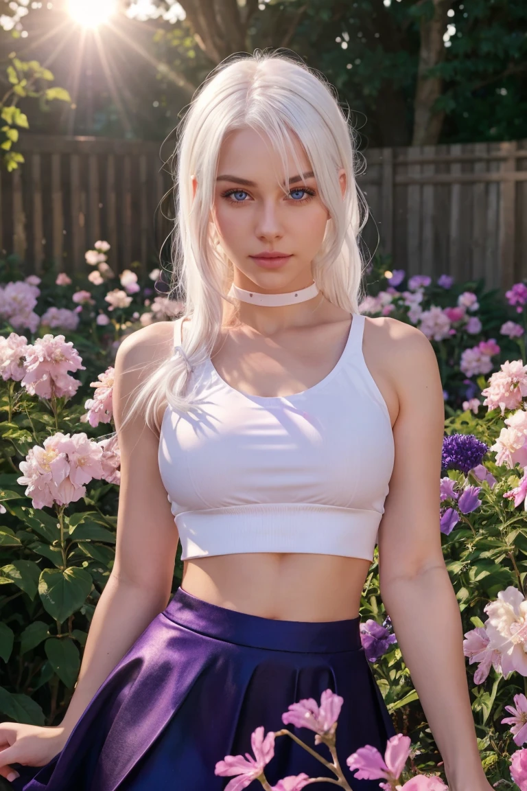 realistic, 1girl, white hair, purple eyes, glowing eyes, crop top, skirt, parted lips, blush, night, flowers, sun, sunlight,