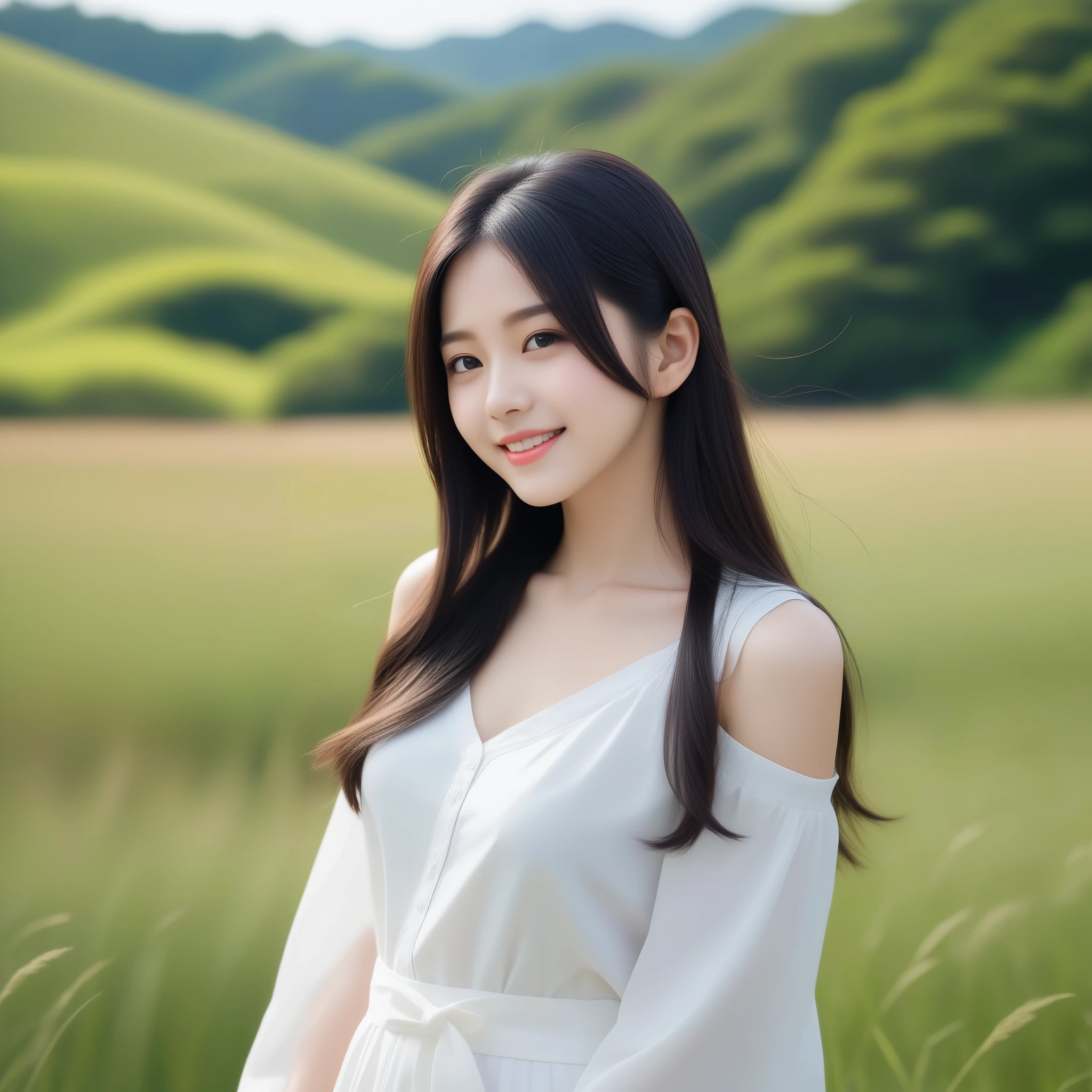 8K, Ultra-high resolution, Highest quality, masterpiece, 三分割法によるphotograph,Surreal, photograph, 1 girl, (16 years old:1.3), pretty girl, Cute face, Beautiful eyes in every detail, 細かくdetailedに,masterpiece,, One Girl:1.2, Japan Female Announcer,whole body、Black Hair、well-groomed eyebrows、Cute Lip Makeup,Minimalist Travel,Lonely, Green grassland,空を見上げる1 girl, Minimalism, In the savannah, figure,最もdetailedな,Cute gestures、so beautiful,A carefree smile,Healing the heart,Long Straight Hair,Looking at the audience、beauty,Long neck、Laugh a little、Please close your mouth and laugh、(((Ideal body type))),A-cup small breasts :2,、Portraiture:2、Perfect Anatomy、鮮明なdetailed、detailed、Surreal、Light and shadow,Strong light