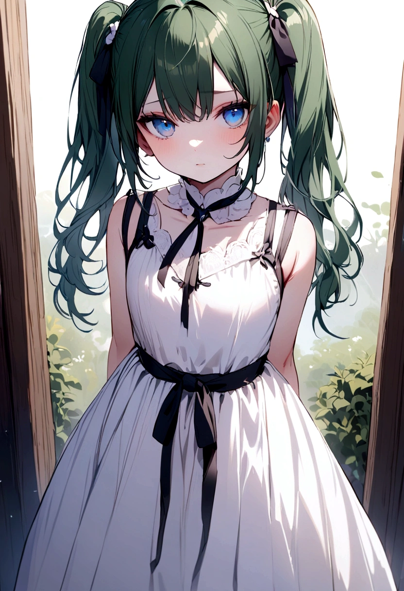 Innocence, Dark green hair, Twin tails, Put your arms behind your back, White Dress, Black waist tie, girl,blue eyes,