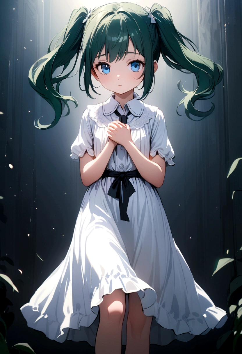 Innocence, Dark green hair, Twin tails, Put your arms behind your back, White Dress, Black waist tie, girl,blue eyes,