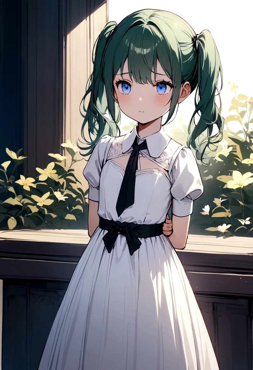 Innocence, Dark green hair, Twin tails, Put your arms behind your back, White Dress, Black waist tie, girl,blue eyes,