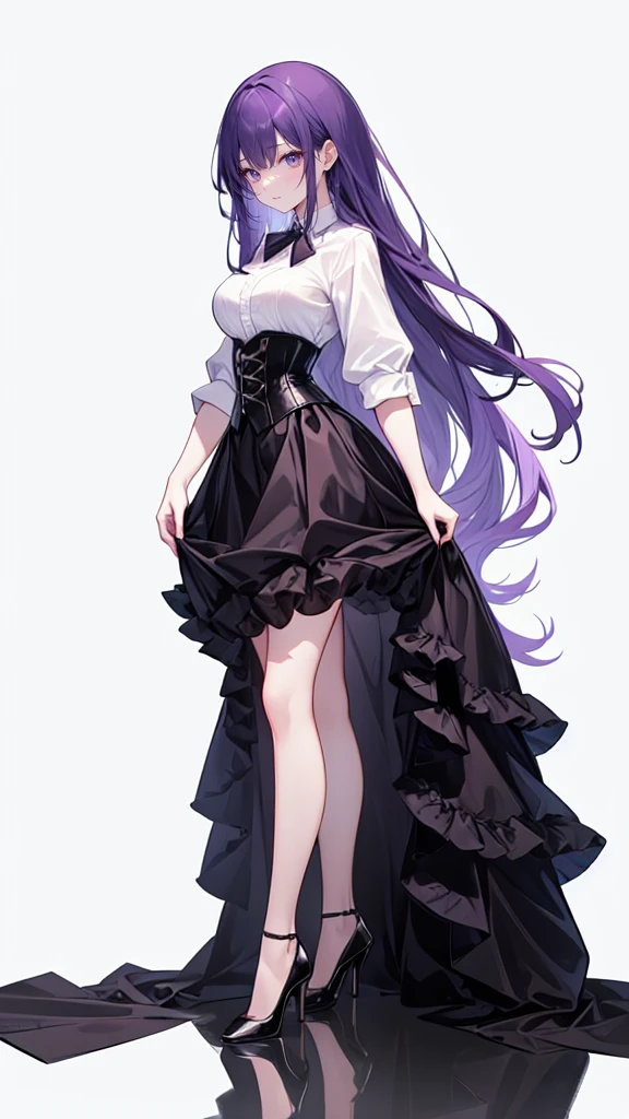 Purple Hair,Super long hair with volume,Adult female,White Y-shirt,((Rolling up his sleeves)),(corset),(Black skirt),(skirt),(High heels),((Simple white background)),((full body)),