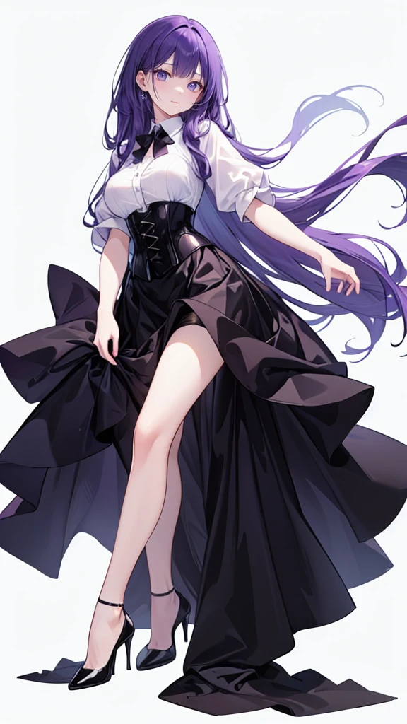 Purple Hair,Super long hair with volume,Adult female,White Y-shirt,((Rolling up his sleeves)),(corset),(Black skirt),(skirt),(High heels),((Simple white background)),((full body)),
