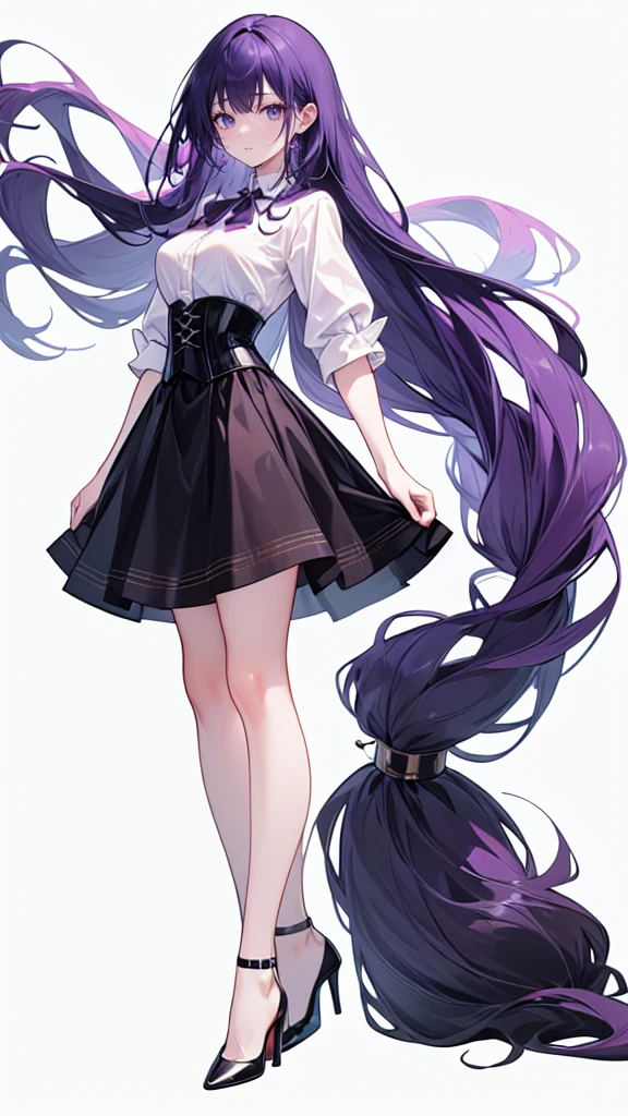 Purple Hair,Super long hair with volume,Adult female,White Y-shirt,((Rolling up his sleeves)),(corset),(Black skirt),(skirt),(High heels),((Simple white background)),((full body)),