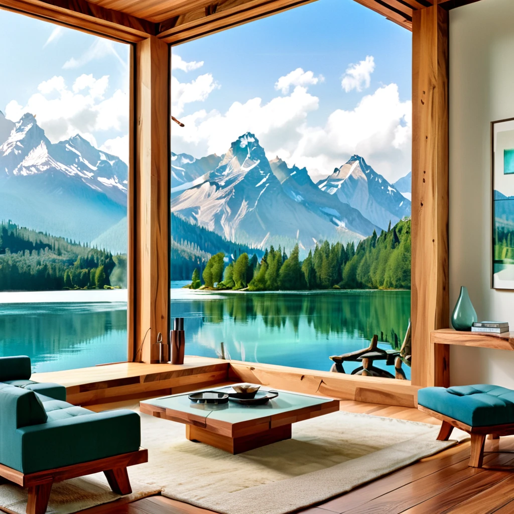A luxurious and modern living room with a large open view of a serene mountain lake. The space features sleek wooden furniture, minimalist decor, and large glass windows that enhance the natural beauty outside. The color palette includes cool tones of blue and green, complemented by warm wooden accents and contemporary lighting fixtures