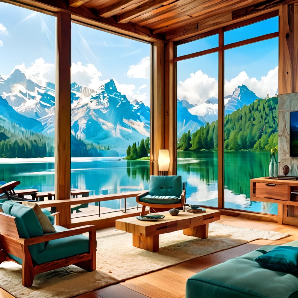 A luxurious and modern living room with a large open view of a serene mountain lake. The space features sleek wooden furniture, minimalist decor, and large glass windows that enhance the natural beauty outside. The color palette includes cool tones of blue and green, complemented by warm wooden accents and contemporary lighting fixtures
