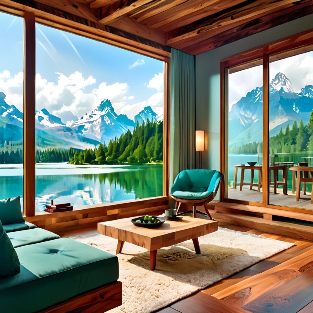 A luxurious and modern living room with a large open view of a serene mountain lake. The space features sleek wooden furniture, minimalist decor, and large glass windows that enhance the natural beauty outside. The color palette includes cool tones of blue and green, complemented by warm wooden accents and contemporary lighting fixtures