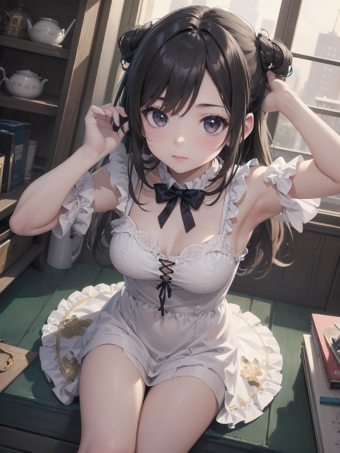 Masterpiece, one girl, solo, , cute, yoke design mini dress, super detailed, realistic and carefully rewritten, legendary illustration work of animation in 2020, dynamic angles to maximize the cuteness of the girl, dynamic loli