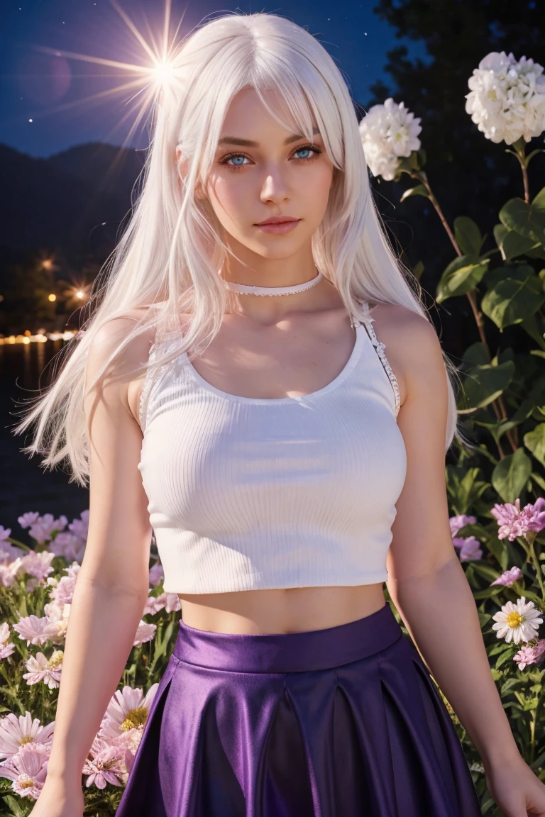 realistic, 1girl, white hair, purple eyes, glowing eyes, crop top, skirt, parted lips, blush, night, flowers, sun, sunlight,