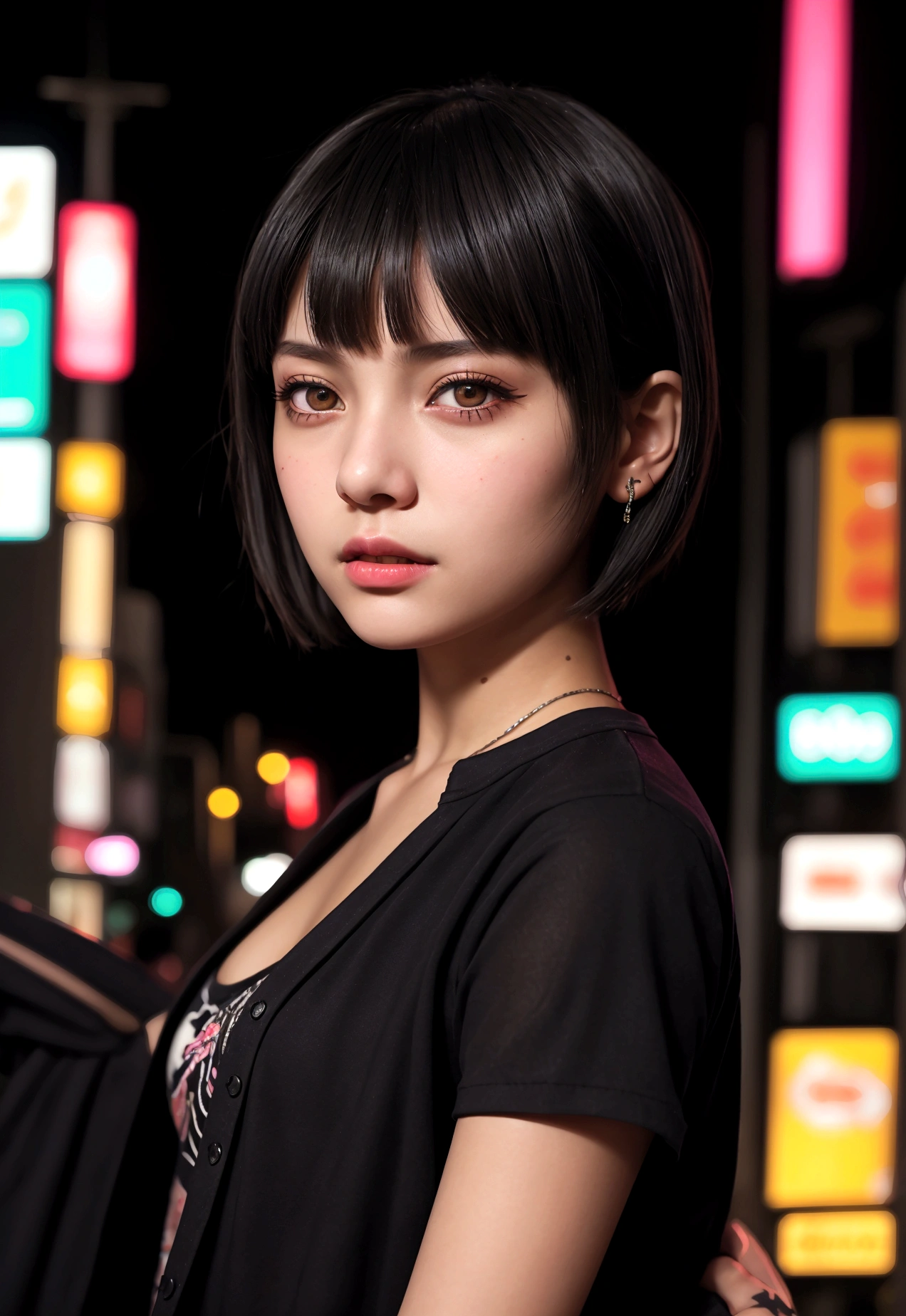 cinematic realistic portrait of a young girl, adolescent, caucasiana, fly away, modern casual dark clothes, alternative style, dolce, nice, Beautiful woman, short hair with bangs, (honey eyes), Nightlife in Tokyo, neon lights