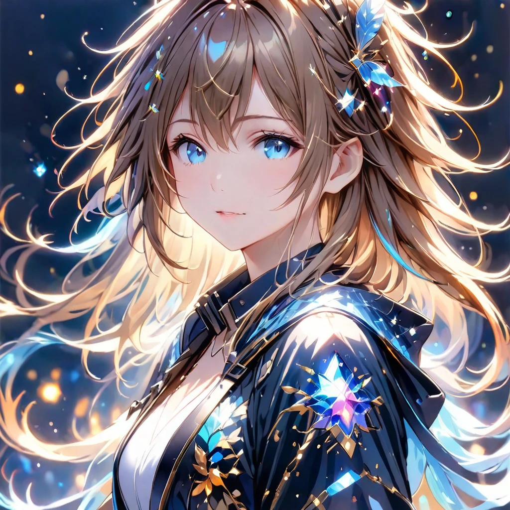 (8K, Highest quality, masterpiece:1.2),(Highest quality:1.0), (Ultra-high resolution:1.0), watercolor, Beautiful woman, shoulder, Costumes adorned with light refraction、Twinkling of the stars、Diamond Sparkle、Hair Ribbon, Agnes Cecil, Half Body Portrait, Super bright design, pastel colour, (ink:1.3), Autumn Light,