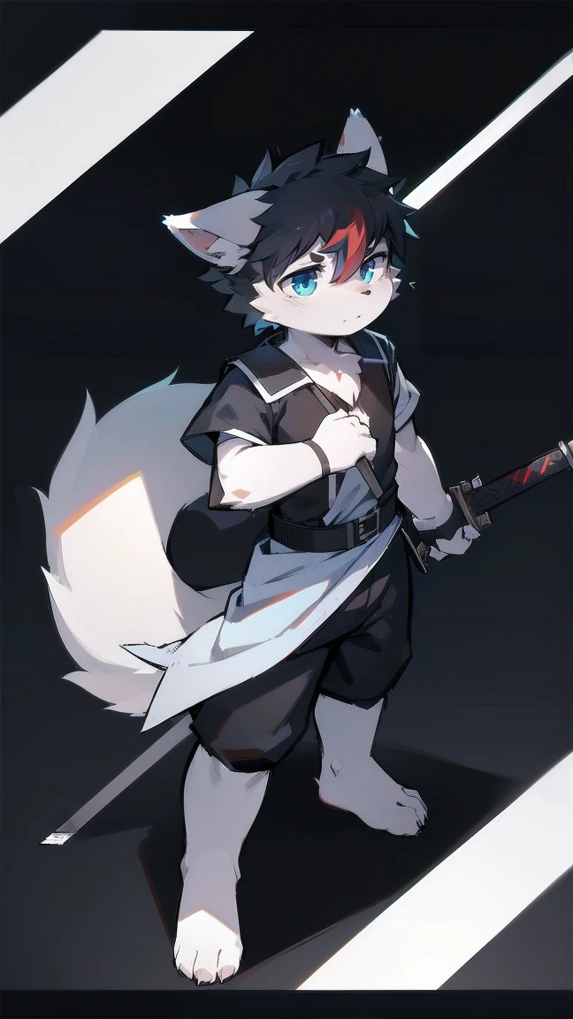 White Wolf，black hair，Sky blue eyes，hairy，Wolf ears，Wolf tail，Full body portrait，The character is in the center of the frame，Handsome，Confident eye***but，juvenile，Black and white combat uniform，Red neck bib，Black shorts，Short sleeve，hairy arms and legs，Dark background，Dark battlefield，dawn，sunrise，dawn，illumination，shadow，Swordsman，Scabbard and Hold the hilt of a in your hand，The scabbard is at the waist，Highest quality,A tall stature