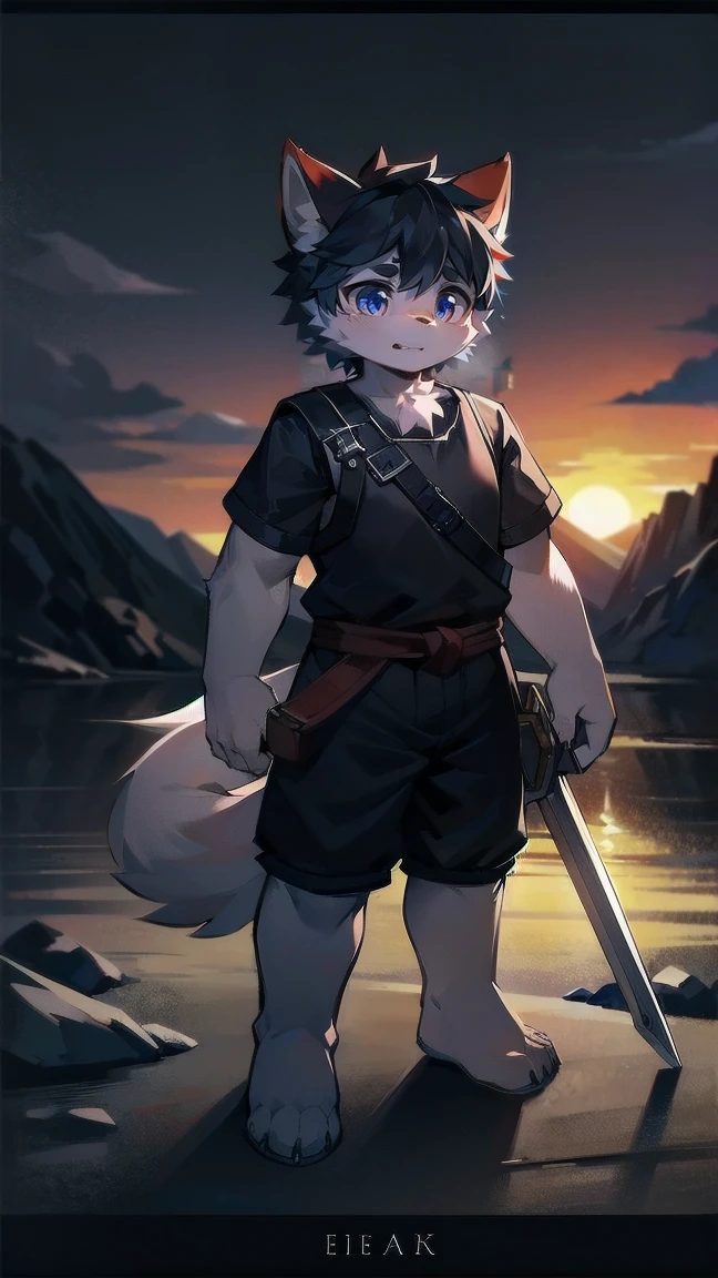 White Wolf,black hair,Sky blue eyes,hairy,Wolf ears,Wolf tail,Full body portrait,The character is in the center of the frame,Handsome,Confident eye***but,juvenile,Black and white combat uniform,Red neck bib,Black shorts,Short sleeve,hairy arms and legs,Dark background,Dark battlefield,dawn,sunrise,dawn,illumination,shadow,Swordsman,Scabbard and Hold the hilt of a in your hand,The scabbard is at the waist,Highest quality,A tall stature
