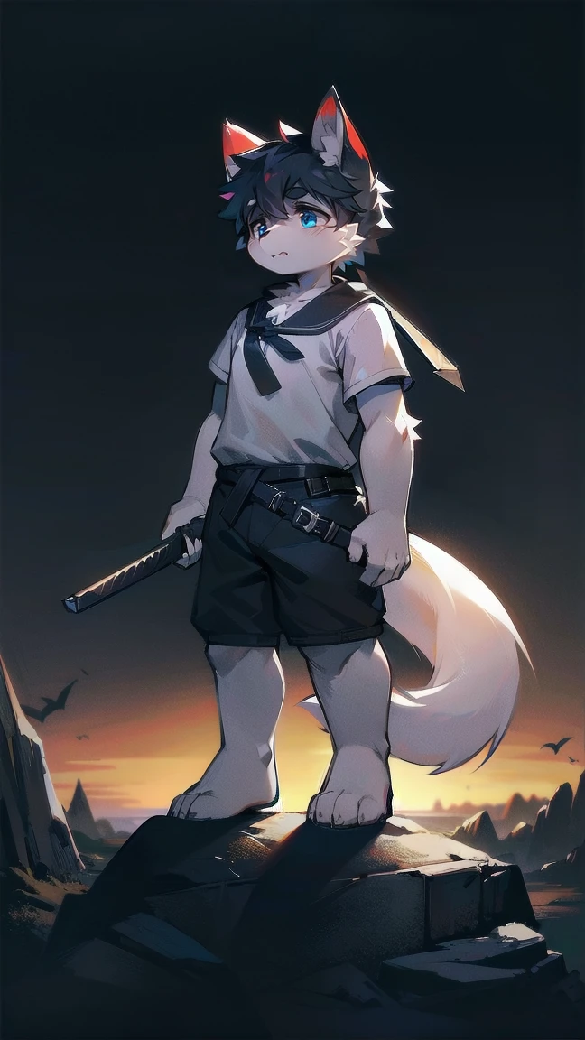 White Wolf，black hair，Sky blue eyes，hairy，Wolf ears，Wolf tail，Full body portrait，The character is in the center of the frame，Handsome，Confident eye***but，juvenile，Black and white combat uniform，Red neck bib，Black shorts，Short sleeve，hairy arms and legs，Dark background，Dark battlefield，dawn，sunrise，dawn，illumination，shadow，Swordsman，Scabbard and Hold the hilt of a in your hand，The scabbard is at the waist，Highest quality,A tall stature