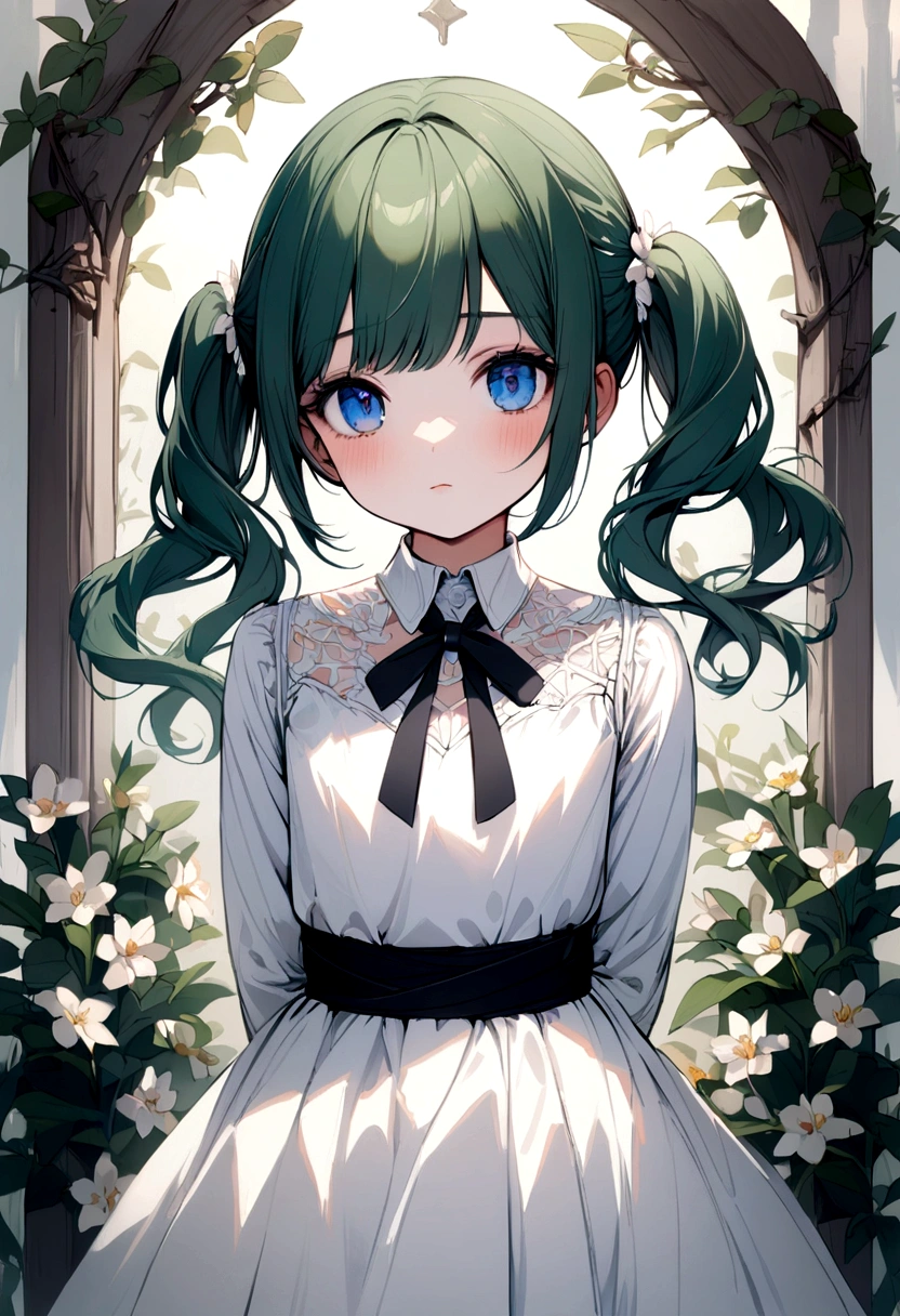 Innocence, Dark green hair, Twin tails, Put your arms behind your back, White Dress, Black waist tie, girl,blue eyes,