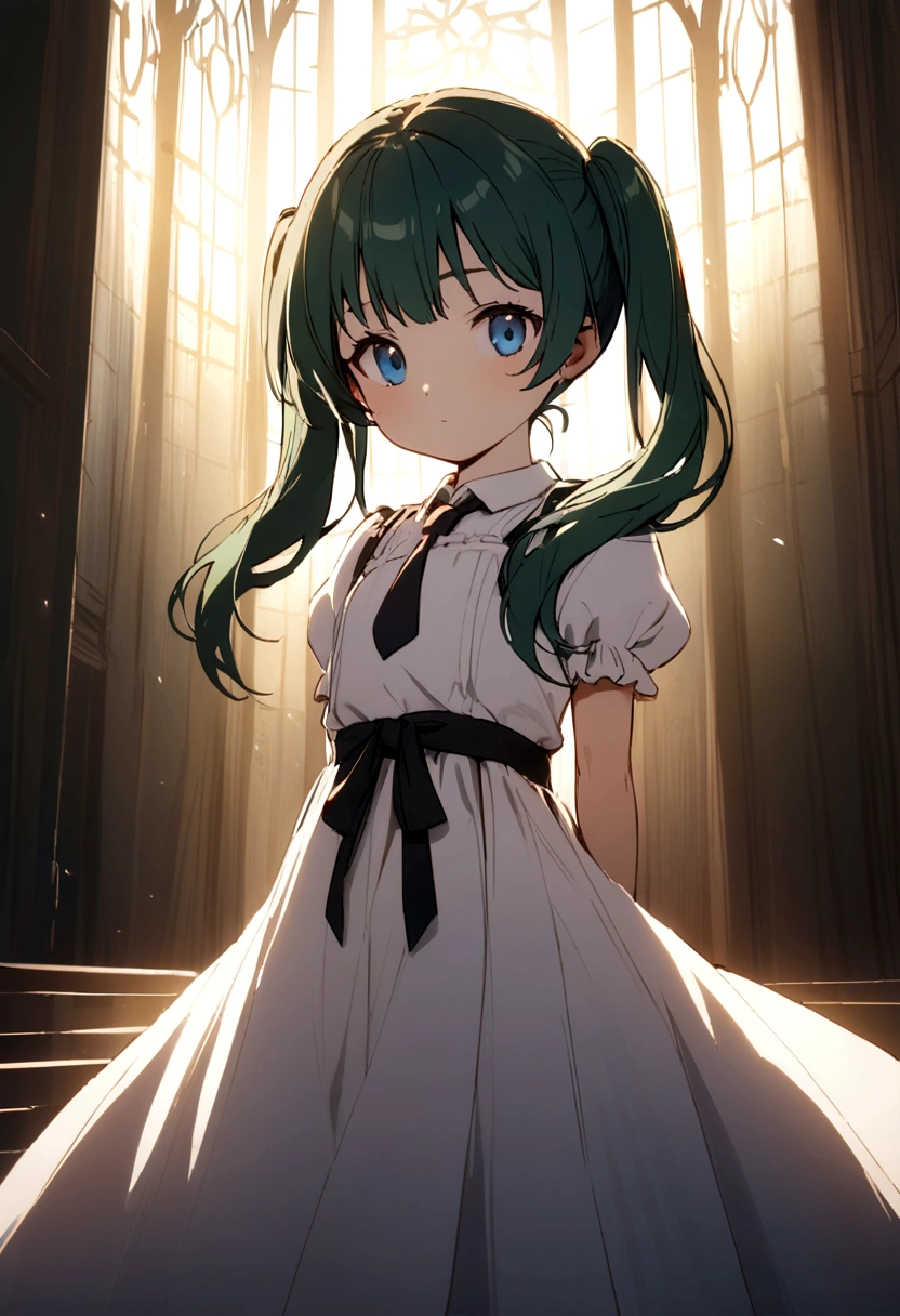 Innocence, Dark green hair, Twin tails, Put your arms behind your back, White Dress, Black waist tie, girl,blue eyes,