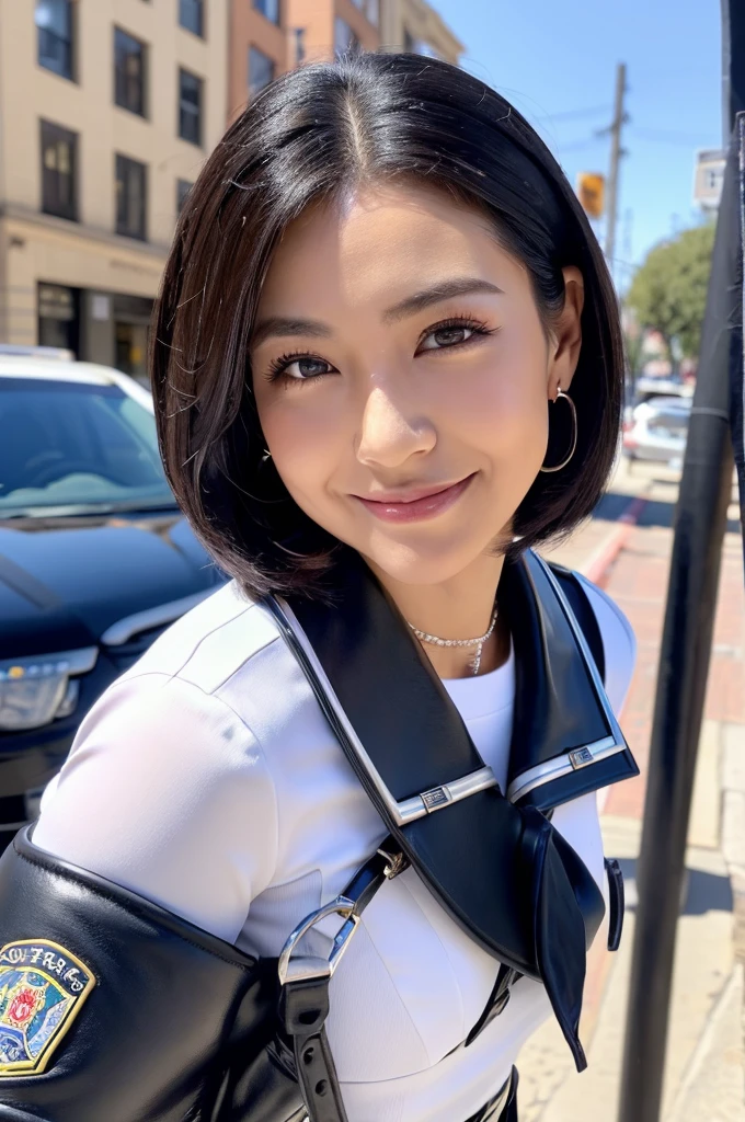 Western American style street, police officer, ((full body)), ((photo)), ((best qualtiy, 8K, tmasterpiece:1.3)), Focus:1.2, perfect figure beautiful girl:1.4, 1girl, cowboy shot, look at viewer, eyes facing the camera, incredibly absurd, beautiful and cute girl with a photorealistic face, showcasing top-quality craftsmanship, African-American woman enforcing parking regulations on a Western American street, 24 years old, short bob black hair, shiny hair, bangs, ears exposed, short hair at the nape, big round eyes, long eyelashes, double eyelids, small nose, high nose bridge, well-defined eyebrows, smiling face, white teeth, tanned skin, healthy complexion, well-formed eyebrows and eyelashes, tall, slender, glamorous, E-cup breasts, police uniform, navy jacket and miniskirt, white shirt, full police equipment, silver ring and necklace, black leather gloves and belt, ear piercings, pretty older woman, beautiful, sociable, cheerful, loves to talk, curious, strong sense of justice, likes animals, October