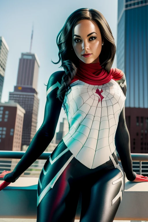 Detailed picture of Lindsey Strutt dressed as Spider-Gwen, hood, white and black, into the spider-verse, fully clothed, skin tight, wavy hair, posing, on edge of a building, lens glare