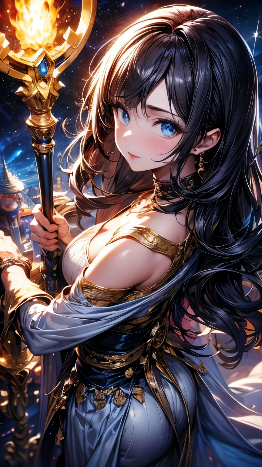 8K resolution, masterpiece, Highest quality, Award-winning works, unrealistic, From above, erotic, Only sexy women, healthy shaped body, 22 years old, Black Mage, Height: 165cm, Large, firm, swaying bust,, Silvery long wavy hair, Detailed facial depiction, break, Mysterious blue eyes, Standard nose, eyeliner, Pink Lips, Sexy long legs, Transparent muscle, holy knight, Gothic ruffle long dress, A dress with a complex structure, Seven colourful dresses, Clothed in flames, royal coat of arms, elegant, Very detailed, Delicate depiction of hair, Miniature Painting, Digital Painting, artステーションコンセプトart, Smooth, Sharp focus, shape, artジャム、Greg Rutkowski、Alphonse Mucha、William Adolphe Bouguereau、art：Stephanie Law , Royal Jewel, nature, Symmetric, Greg Rutkowski, Charlie Bowwater, unrealistic, Surreal, Dynamic Lighting, ファンタジーart, Complex colors, Colorful magic circle, flash, dynamic sexy pose, A kind smile, Mysterious Background, aura, A gentle gaze, break, Small faint lights and flying fireflies, night, lanthanum, 山の頂From above下界を見下ろす, Starry Sky, milky way, nebula, shooting star, A sacred staff that emits a brilliant light, Back view, Facing the camera