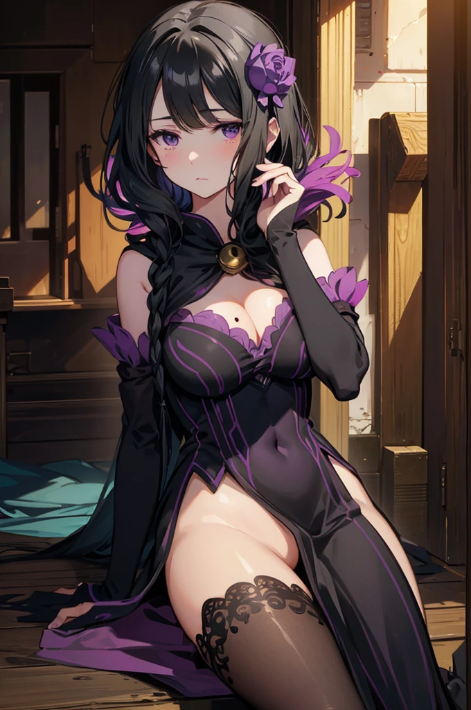 masterpiece, best quality, high resolution, best illustration, super fine illustration, (official art:0.7), (anime screencap:0.8), detailed beautiful face and eyes, anime keyvisual, (perfect anatomy:1.1), 8k portrait,
1girl,
elsa,
elsa \(re:zero\),
medium hair,
black hair,
(purple eyes:1.2), (beatiful detailed eyes:1.5),
flower hair ornament,
large breasts, perfect body,
black dress, black cloak, detached black sleeves, BREAK black tights, cold Shoulder, breasts out,
looking at viewer, shoot from front,
cowboy shot,
natural light, background of outdoor, in forrest, (expressionless:1.1),