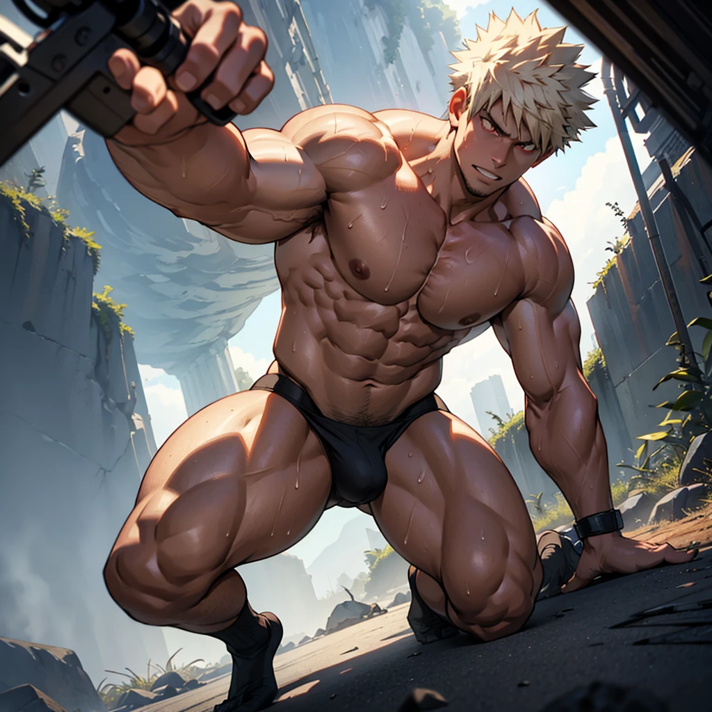 Sexy Man, large pecs, wearing white socks, topless, muscular, perfect anatomy, Half recumbent,CG sense,POV perspective,big legs,Dark atmosphere,8K,Cinematic lighting effects,Textured skin,best quality,Storytelling images, dynamic blur,actionpose,Elevation viewing angle, Katsuki Bakugo, naked, red eyes, sweaty, large bulge, thongs
