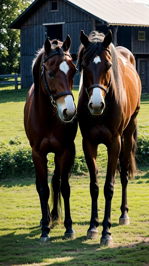 Two horses standing in a picturesque farmhouse near a city. From a distance, they look identical, but up close, it's clear that one horse is blind."