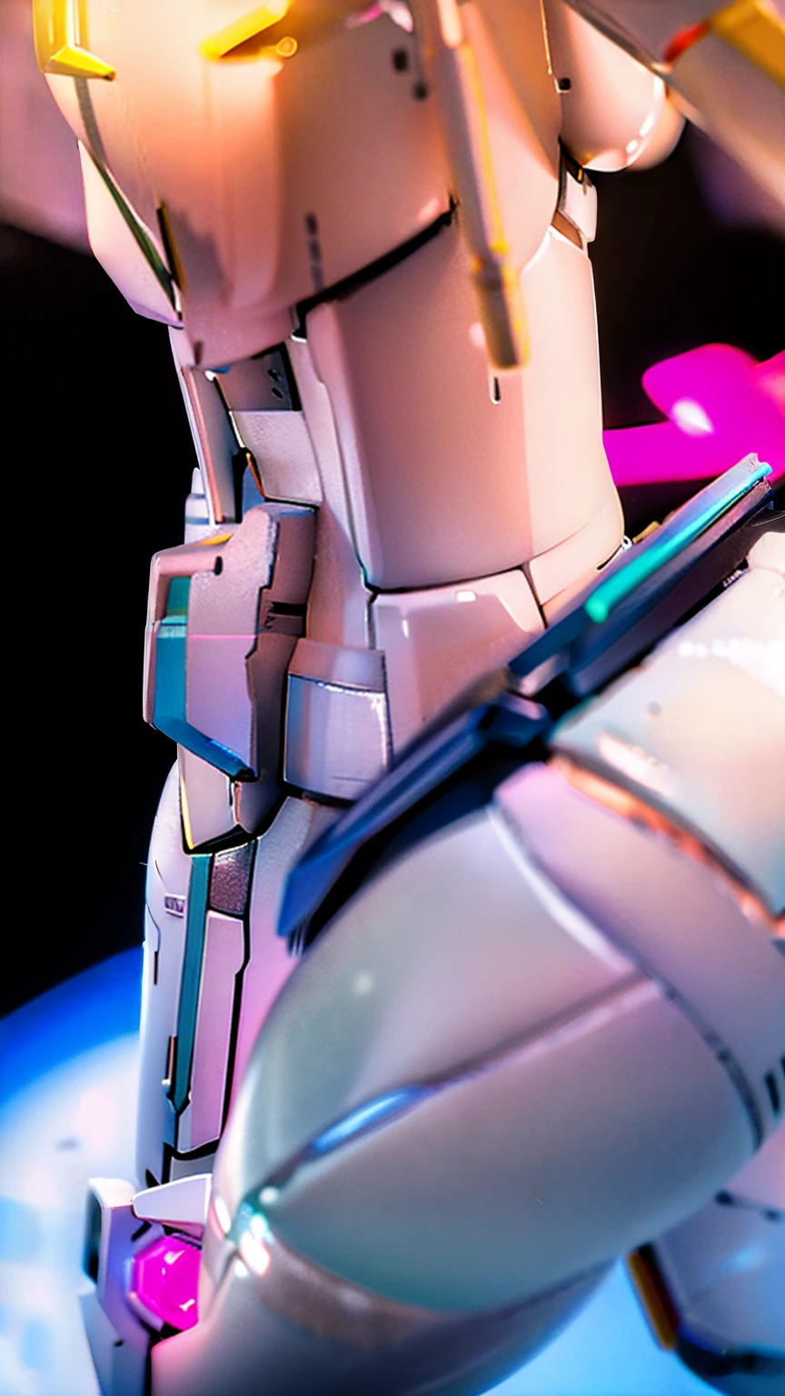 Real、high resolution、8K、The Strike Freedom Gundam stands in space emitting pink light particles.、Particles of light surround the aircraft、Facing the camera、