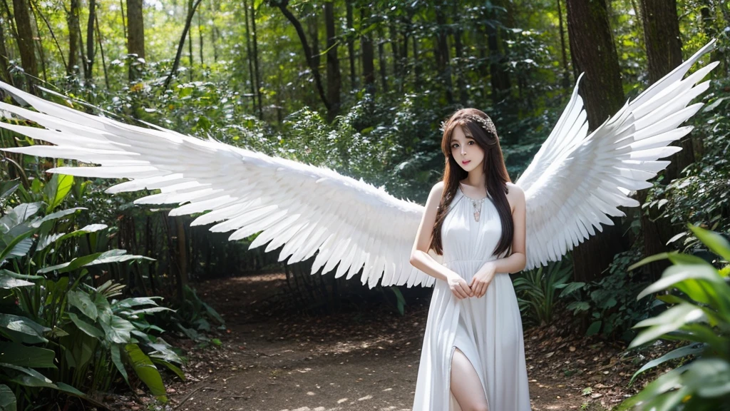 long hair girl,white long dress,forest,Unicorns have wings