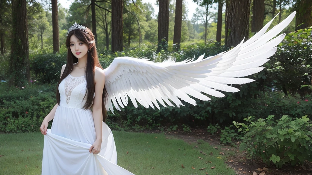 long hair girl，white long dress，forest，Unicorns have wings