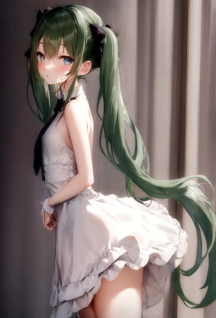 Innocence, Dark green hair, Twin tails, Put your arms behind your back, White Dress, Black waist tie, girl,blue eyes,