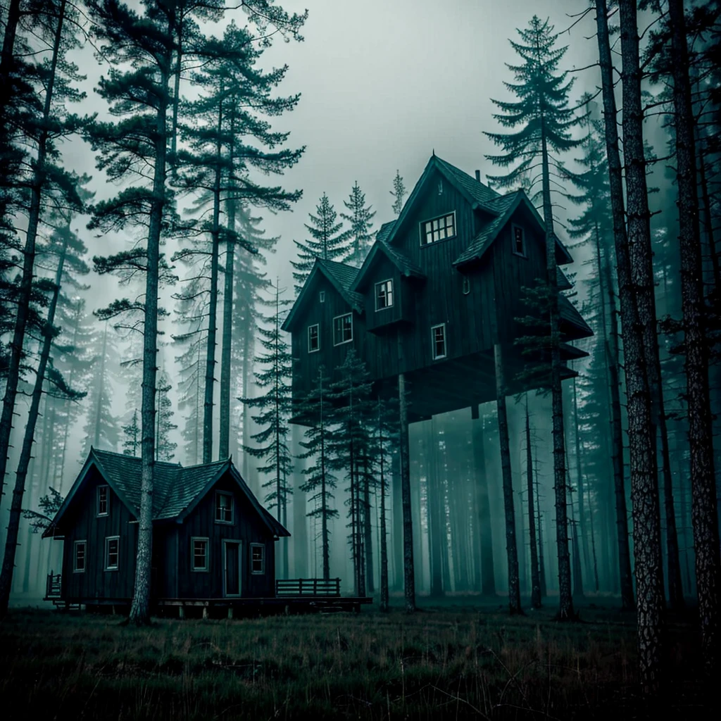 Calm eerie nigh house and forest
