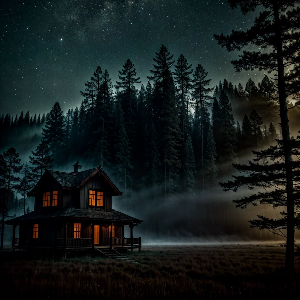 Calm eerie nigh house and forest