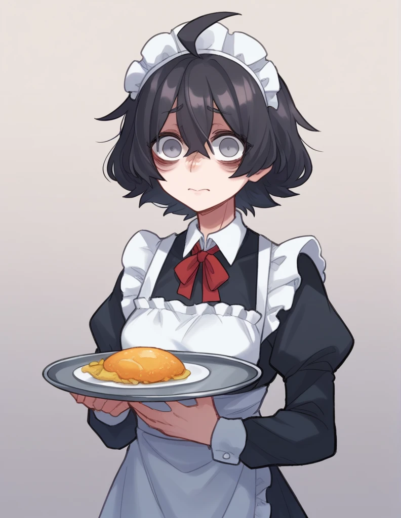 1 girl, alone, ppka, black fur, short hair, messy fur, Ahoge, parts, parts por todo el cuerpo, grey eyes, empty eyes, sad eyes, blind, very nervous, slight smile, maid, takes a maid, looking at the viewer, holding a tray with drinks