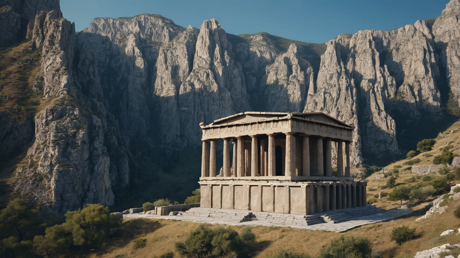 exterior façade of a dark greek temple, rocky mountains, daylight, valley with a city, background