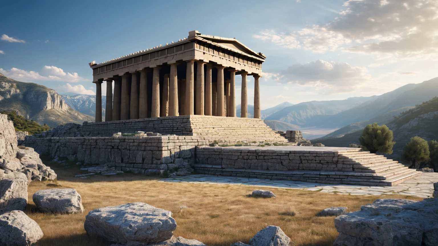 exterior façade of a dark greek temple, rocky mountains, daylight, valley with a city, background