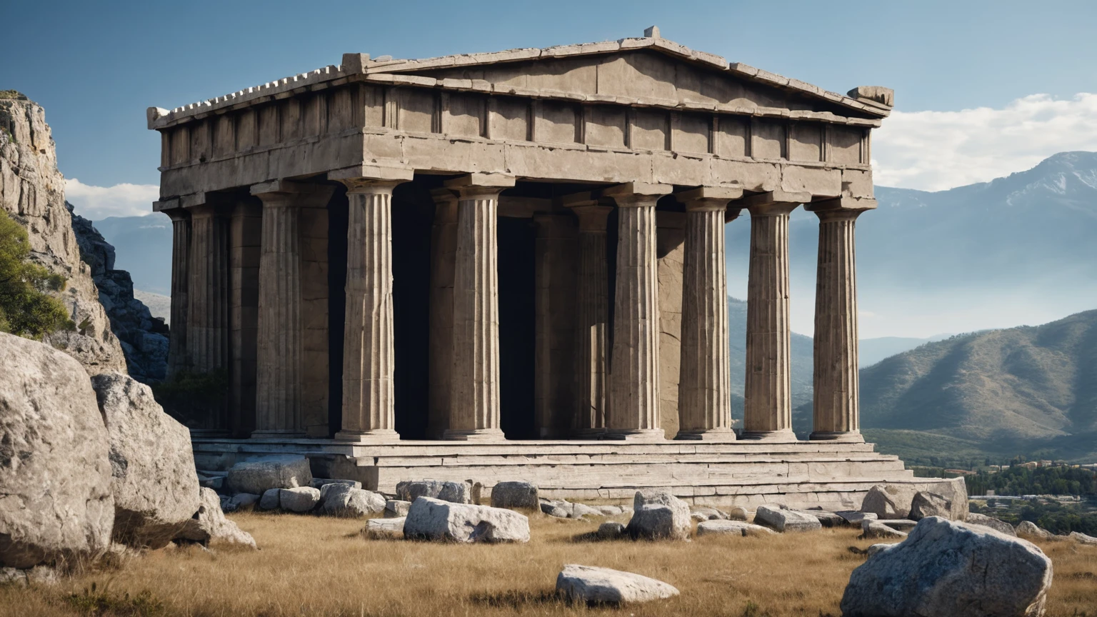 exterior façade of a dark greek temple, rocky mountains, daylight, valley with a city, background