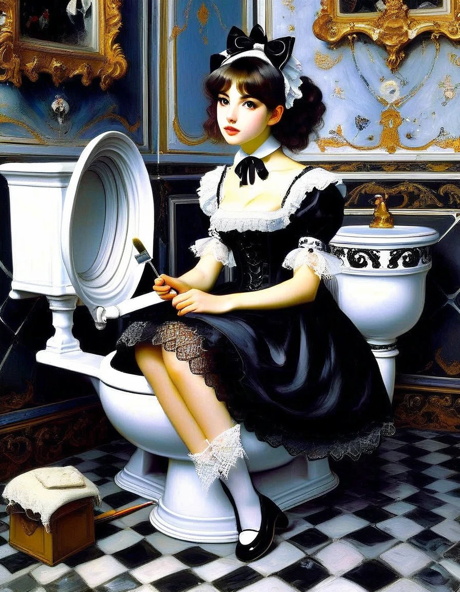 A plumber girl is sitting on a porcelain baroque toilet bowl, holding a brush, gothic ta, cute, 1girl, solo, full body, black dress, absurdres, white lace,((Marc Chagall style)), magical naive art, primitivism, protogenes,((Best quality, masterpiece)),
(Higher detail), Impressionism:1.1, 8k
