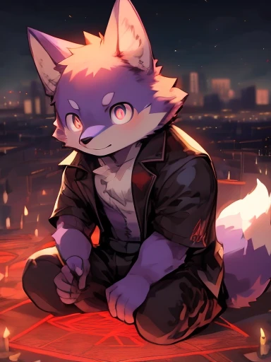 masterpiece, best quality, Perfect anatomical structure, Bright Eyes, Big watery eyes, author:Ruhu1145, hairy, fox, Purple fur(trigger:0.3), Muscle Man, Solitary, Wearing short sleeves, City,magician,Summoning Circle