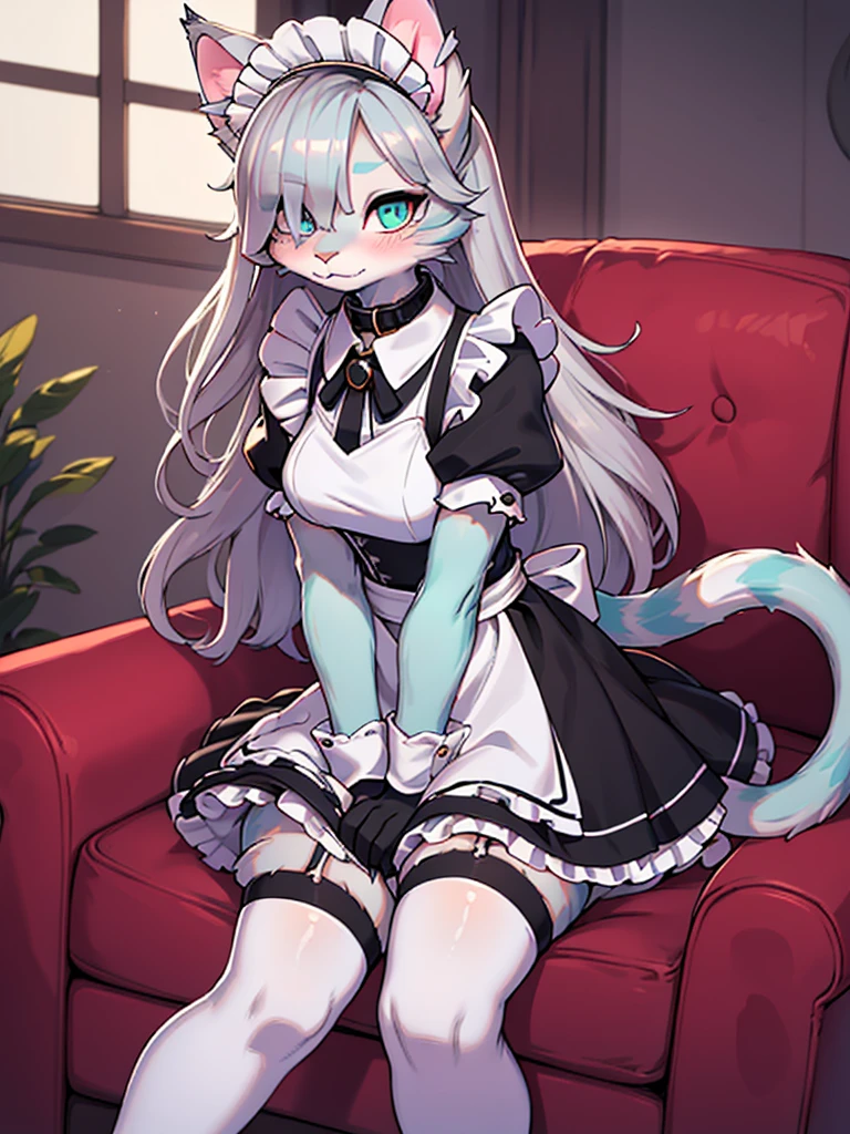 (detailed snout claws and eyes:1.3), Masterpiece, perfect, highly detailed, furry, Anthro, (adult), (1female), (adult cat girl), (fluffy fur:1.2), (pink fur:1.2), (1fluffy cat tail), (silver long hair:1.6), (hair over one eye:1.2), (silver cat ears:1.6), (teal cat eyes:1.2), {cat's pupil}, medium breasts, wearing a black collar, comfy clothes, (wearing a long elegant and classic maid dress:1.4), {long black maid skirt:1.2}, frills, (silk white gloves), (silk white thigh-highs socks), elegant Livingroom background, shy, blushing, alone, slightly bending forward,Protruding claws,Pink meat pad