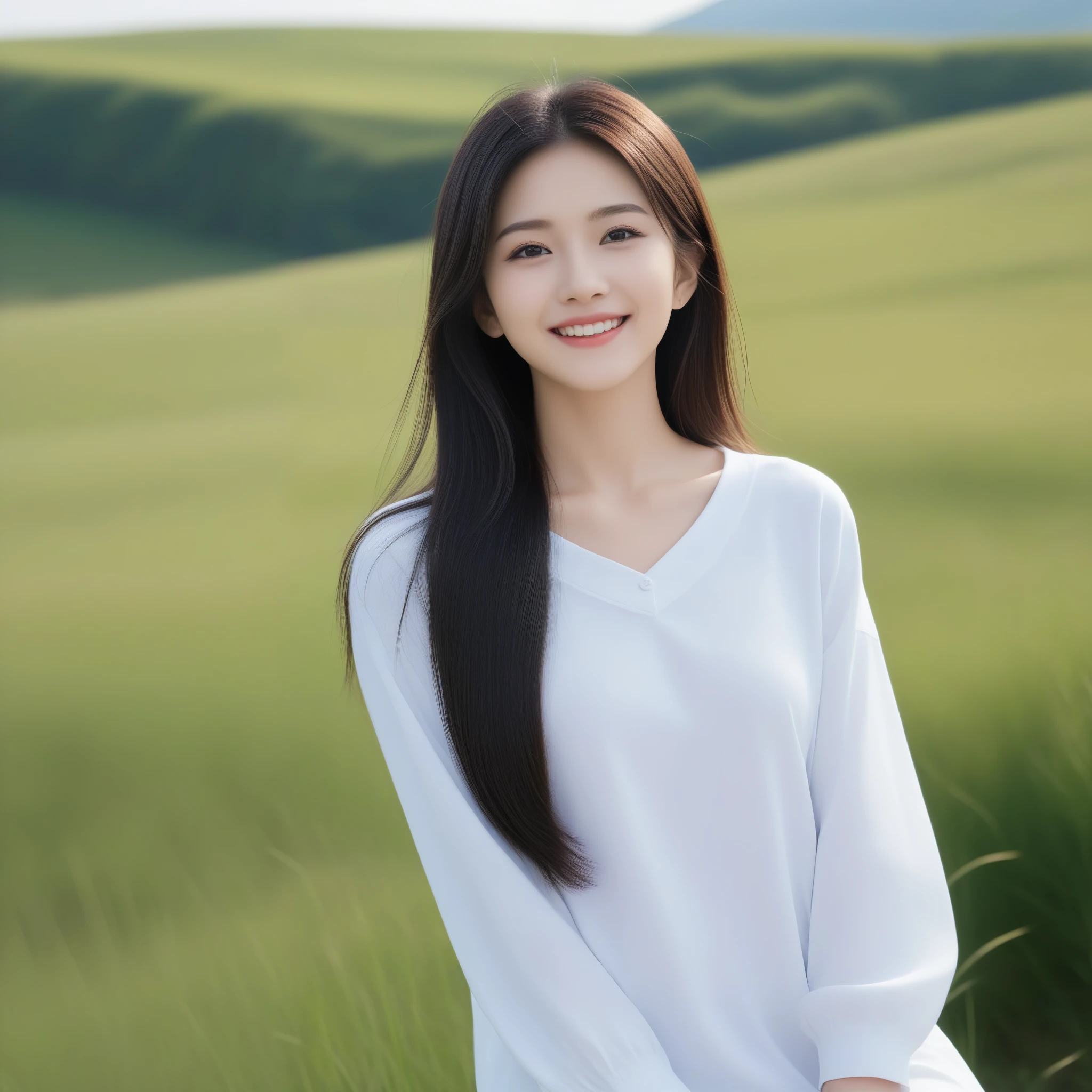 8K, Ultra-high resolution, Highest quality, masterpiece, 三分割法によるphotograph,Surreal, photograph, 1 girl, (16 years old:1.3), pretty girl, Cute face, Beautiful eyes in every detail, 細かくdetailedに,masterpiece,, One Girl:1.2, Japan Female Announcer,whole body、Black Hair、well-groomed eyebrows、Cute Lip Makeup,Minimalist Travel,Lonely, Green grassland,空を見上げる1 girl, Minimalism, In the savannah, figure,最もdetailedな,Cute gestures、so beautiful,A carefree smile,Healing the heart,Long Straight Hair,Looking at the audience、beauty,Long neck、Laugh a little、Please close your mouth and laugh、(((Ideal body type))),A-cup small breasts :2,、Portraiture:2、Perfect Anatomy、鮮明なdetailed、detailed、Surreal、Light and shadow,Strong light
