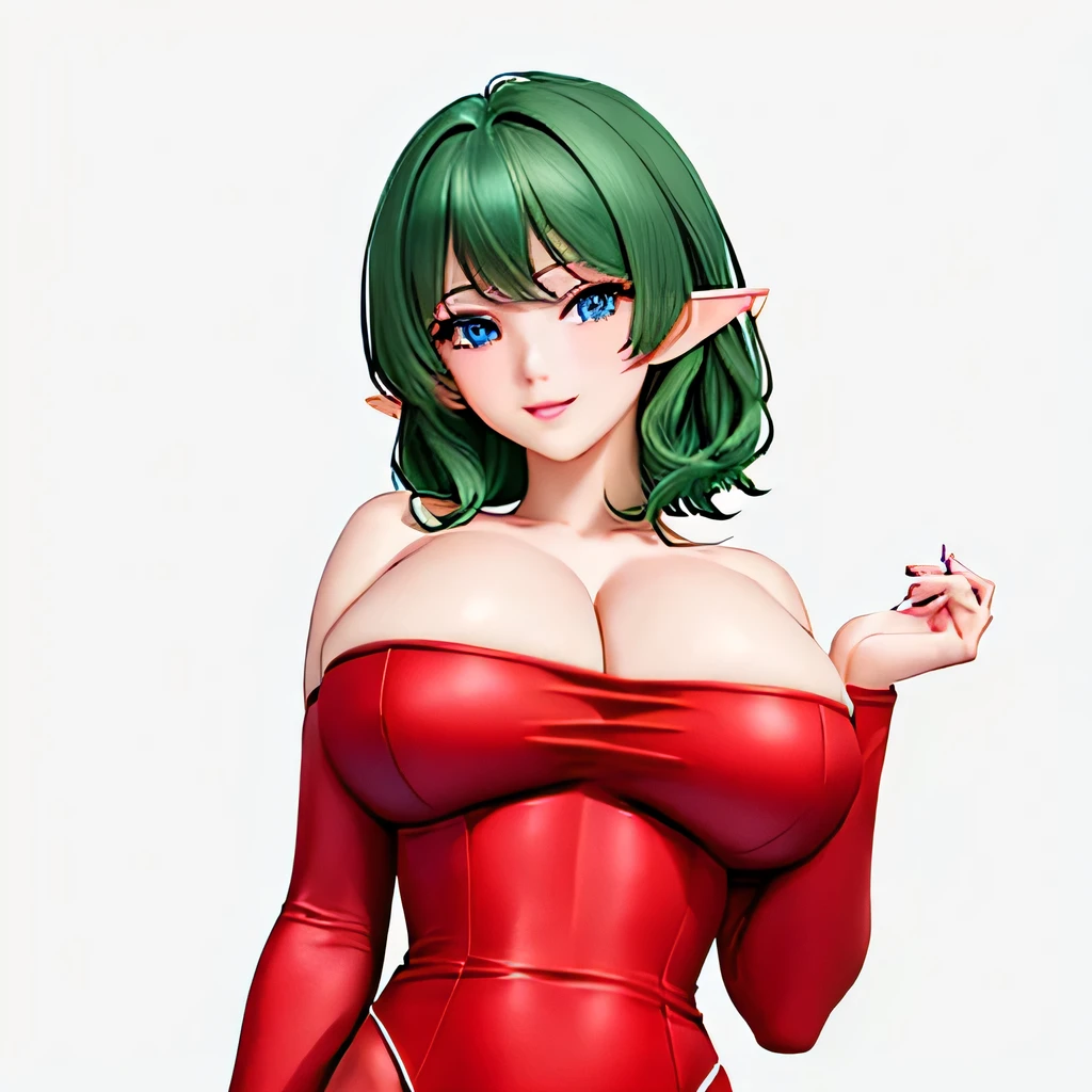 ((masterpiece,best quality,ultra-delicate,Perfect Face,16k,high resolution,very beautiful girl)),from above,Medium short green hair:1.2, Red strapless bodycon tube dress ,Red long arm sleeves,outstretching arms,Elf Girl,((gigantic Breasts:1.3)),blue eyes,Beautiful smile,20 years old,bedroom