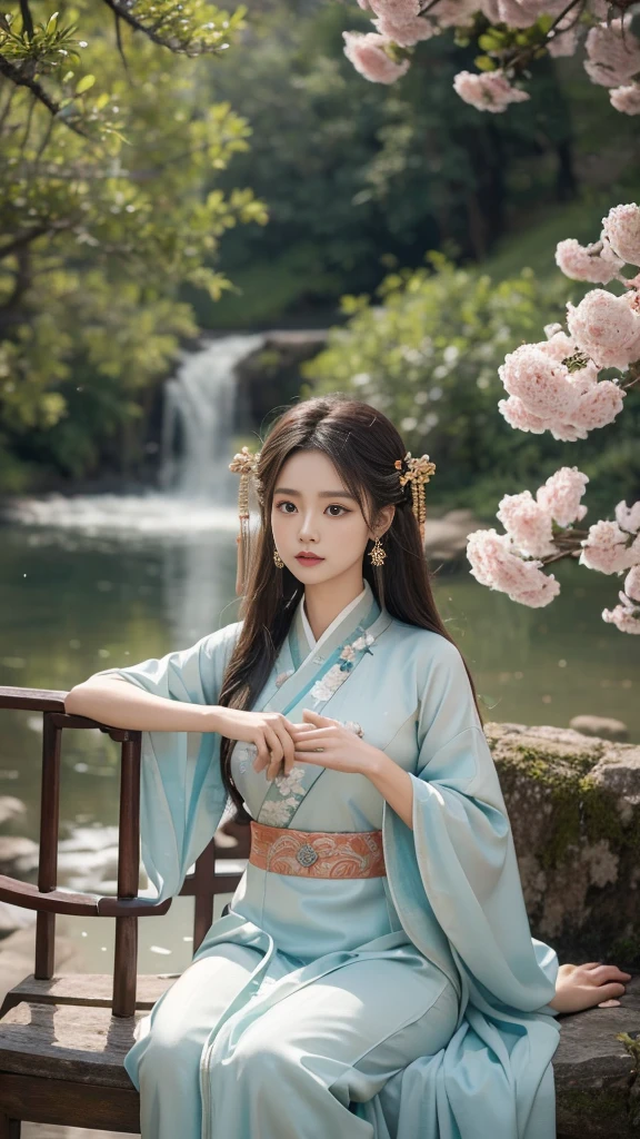 "Create an extreme high-quality, highly detailed artwork of Tzuyu from Twice, dressed in an elaborate and exquisite Hanfu. The Hanfu should be adorned with intricate embroidery, rich textures, and vibrant colors that reflect traditional Chinese artistry. She is seated gracefully, playing a Guzheng with delicate yet confident hands, each string resonating with a sense of serene power. The background is a serene ancient Chinese landscape, featuring a tranquil waterfall, mist-covered mountains, and blossoming cherry trees, all rendered with stunning realism and detail. To embody Wuxia elements, Tzuyu exudes an aura of quiet strength and elegance, with subtle hints of martial prowess—perhaps through her poised posture or the presence of ethereal wisps of energy swirling around her. Her expression is calm and focused, capturing both her mastery of the Guzheng and her readiness for action, merging the worlds of music and martial arts seamlessly." official art,unified 8k wallpaper,Super detailed,Beauty and Aestheticasterpiece,best quality,(fractal art:1.3),1 girl,very detailed,dynamic angle,cowboy shooting,The most beautiful form of chaos,Look at the audience,elegant,Fauvistdesign,Bright colors,atmosphere,