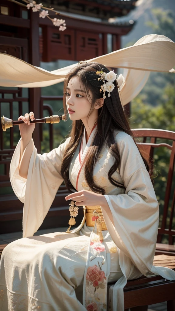 "Create an extreme high-quality, highly detailed artwork of Tzuyu from Twice, dressed in an elaborate and exquisite Hanfu. The Hanfu should be adorned with intricate embroidery, rich textures, and vibrant colors that reflect traditional Chinese artistry. She is seated gracefully, playing a Guzheng with delicate yet confident hands, each string resonating with a sense of serene power. The background is a serene ancient Chinese landscape, featuring a tranquil waterfall, mist-covered mountains, and blossoming cherry trees, all rendered with stunning realism and detail. To embody Wuxia elements, Tzuyu exudes an aura of quiet strength and elegance, with subtle hints of martial prowess—perhaps through her poised posture or the presence of ethereal wisps of energy swirling around her. Her expression is calm and focused, capturing both her mastery of the Guzheng and her readiness for action, merging the worlds of music and martial arts seamlessly." official art,unified 8k wallpaper,Super detailed,Beauty and Aestheticasterpiece,best quality,(fractal art:1.3),1 girl,very detailed,dynamic angle,cowboy shooting,The most beautiful form of chaos,Look at the audience,elegant,Fauvistdesign,Bright colors,atmosphere,
